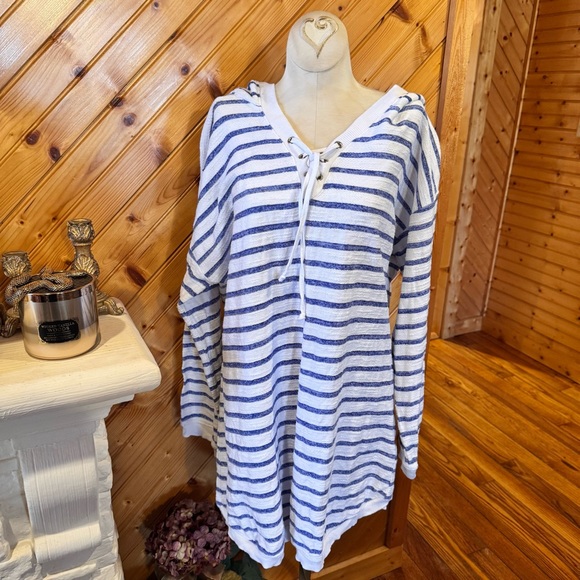 KEREN hart Tops - Keren Hart Striped Hooded Lace Up Top Blue White Size XL